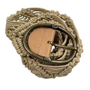 Woven Macrame Rope Belt w/Faux Leather Accent & Antique Brass Buckle Womens 42"